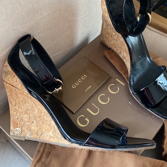 Authentic Gucci 3” Patent Leather Wedge Sandals - Picture 2 of 7